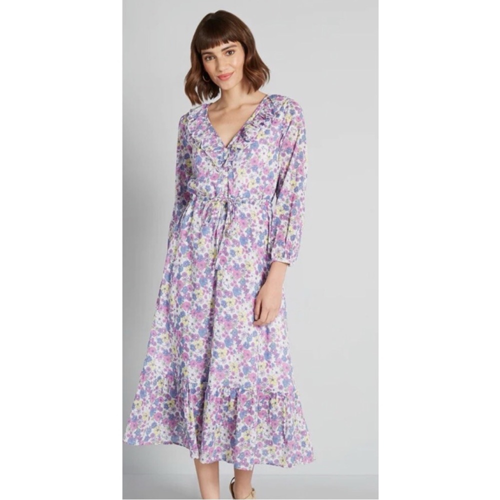 Modcloth Ruffling for Flowers Floral Midi Prairie Boho Dress , size Large